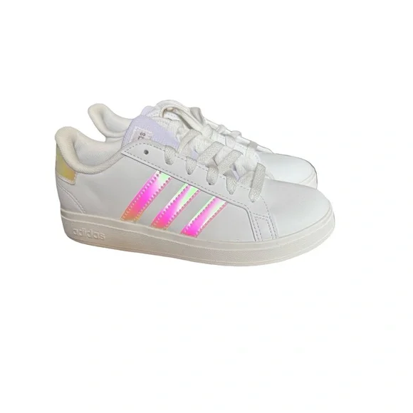 Adidas Grand Court 2.0 White Iridescent Kids Sneakers Size 2 Unisex Tennis Shoes - Picture 2 of 7